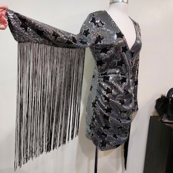 💥SHOWSTOPPER💥Sequin Cocktail Dress w/ Tassel Fringe in Silver & Black - Picture 8 of 15